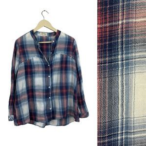 Cloth & Stone X-Small Flannel Button Front Plaid Raw Hem Long Sleeve Womens